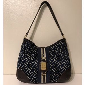 Tommy Hilfiger Women’s Navy Blue & Brown Jacquard Logo Print Handbag Purse